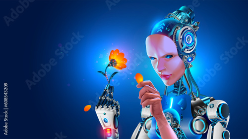 AI learns world. Artificial intelligence in humanoid head take in arm artificial robotic flower. Woman anthropomorphic cyborg or robot. Computer neural network Learning. AI with electronic brain.