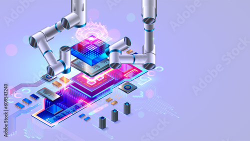 Industrial robotic arms on assembly line manufacturing board with chip, CPU, electronic components. Technology electronic manufacturing of circuit board. Robotic arm or manipulator on factory.