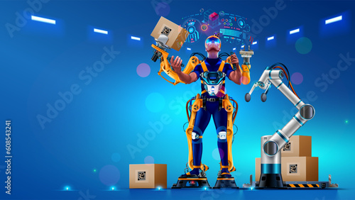 Engineer is working in futuristic bionic exoskeleton and picking up boxes on factory. Robotic exosuit on worker in warehouse. Sci-fi concept exoskeleton suit. Future technology of delivery, logistic.