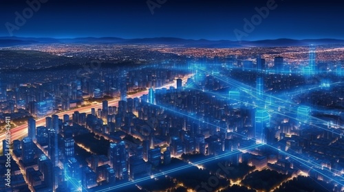 A vibrant cityscape illuminated by night lights from above. Generative ai