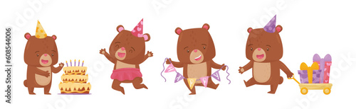 Cute Bear Character in Birthday Hat Celebrating Holiday Vector Set