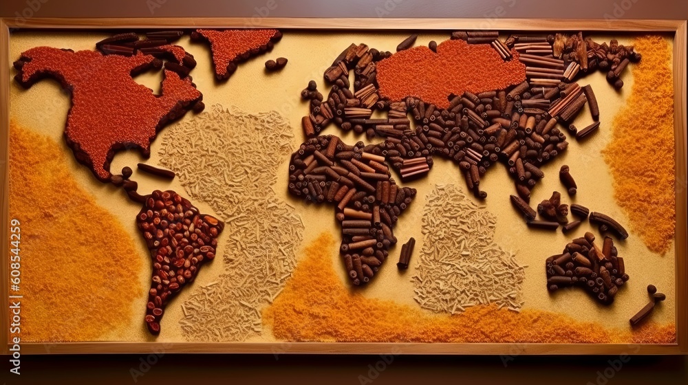 Naklejka premium A world map created entirely from coffee beans. Generative ai