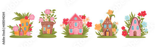 Little Fairy House Among Blooming Garden Flower Vector Set
