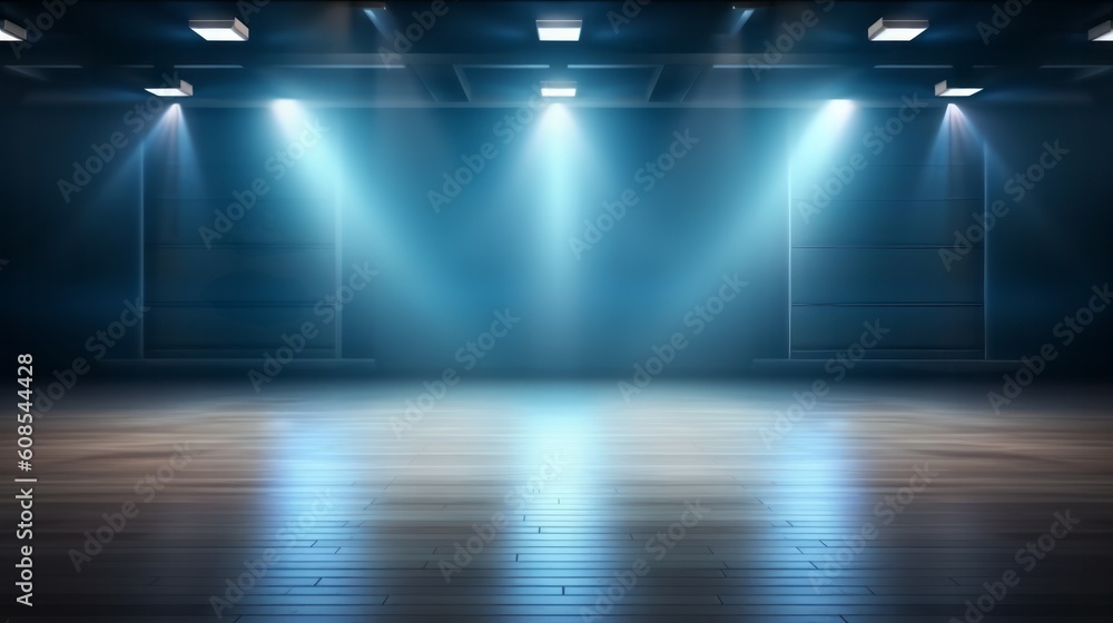 An empty stage with spotlights and wooden floor. Generative ai