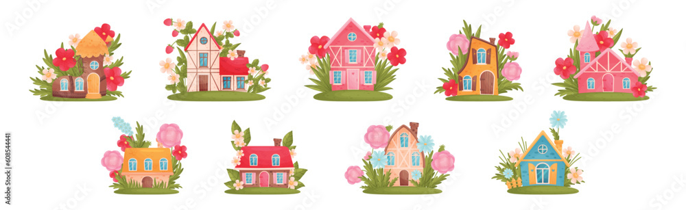 Little Fairy House Among Blooming Garden Flower Vector Set