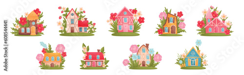 Little Fairy House Among Blooming Garden Flower Vector Set