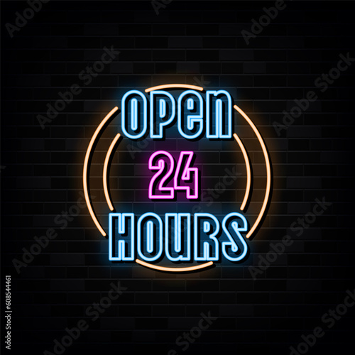 Open 24 Hours Neon Signs Vector Design Template Neon Style