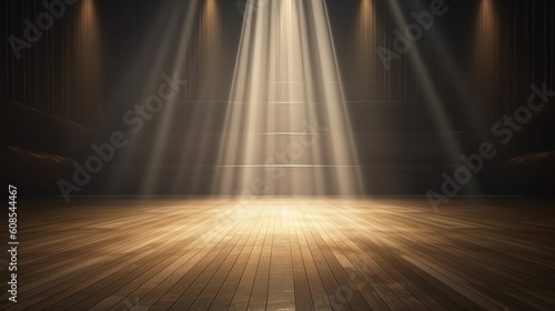 An empty stage with spotlights and wooden floor. Generative ai