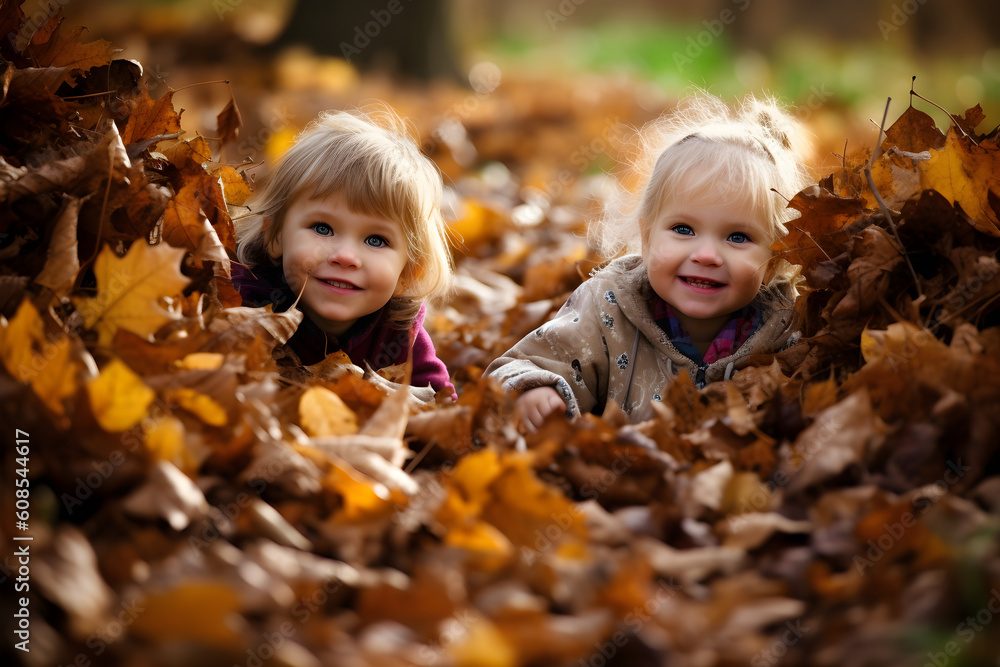 young children playing in autumn leaves young children playing in autumn leaves