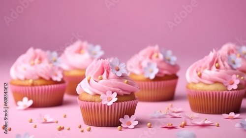 A colorful cupcake display with floral decorations. Generative ai