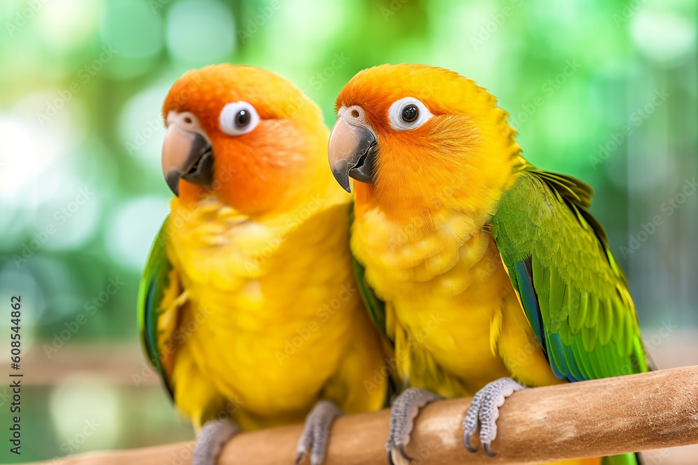 Two parrots on a branch with green background. Generative AI
Two parrots on a branch with green background. Generative AI