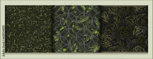Set of seamless khaki camouflage patterns with small abstract shapes, hexagon net with roses, chains, paint brush strokes. Good for apparel, fabric, textile, sport goods. Grunge texture.