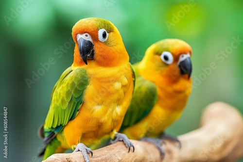 Two parrots on a branch with green background. Generative AI  © NishanPrabodhana
