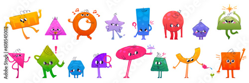 Cute math geometric figure shape cartoon vector character. Abstract basic geometry funny set. Circle, triangle, square and star childish graphic doodle collection of emotions for object learning.