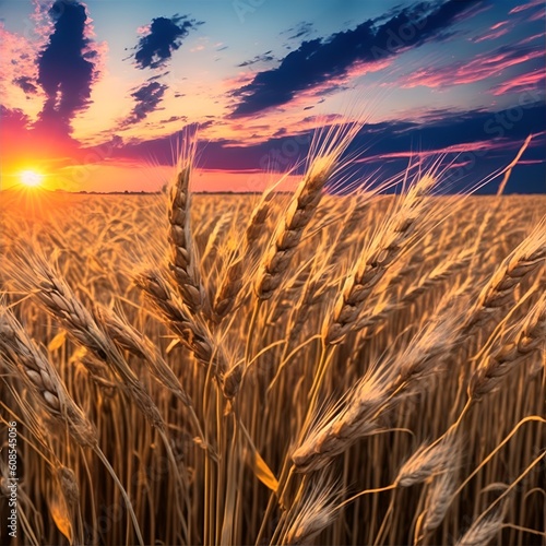  Sunset over wheat field blue sky
