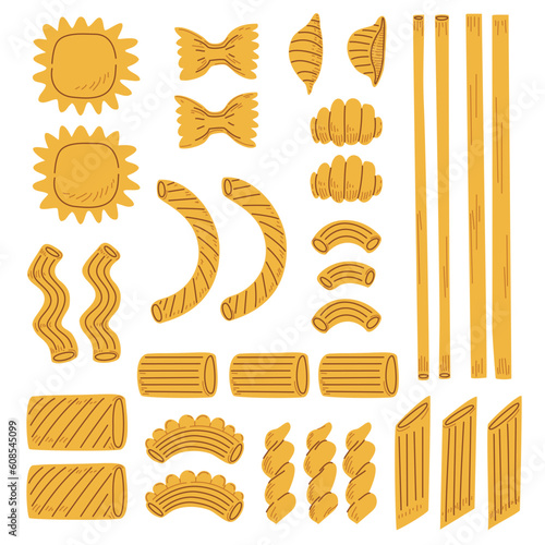 Big set of different types of italian pasta. Vector hand drawn illustration for menu, posters, cooking books on white background. 