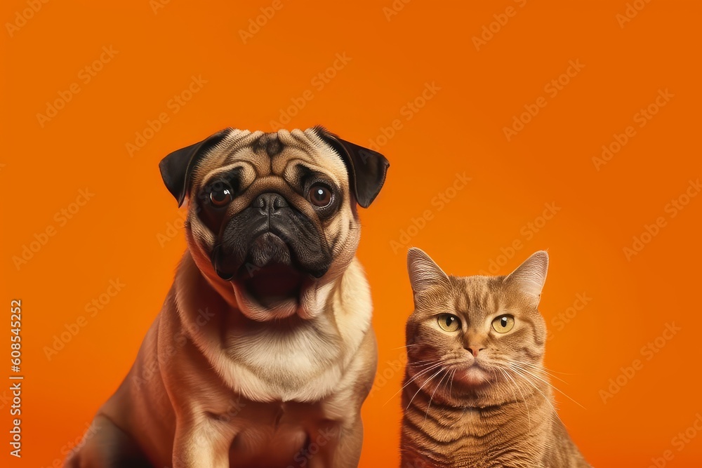 Brown cat and dog together looking at the camera. Generative AI