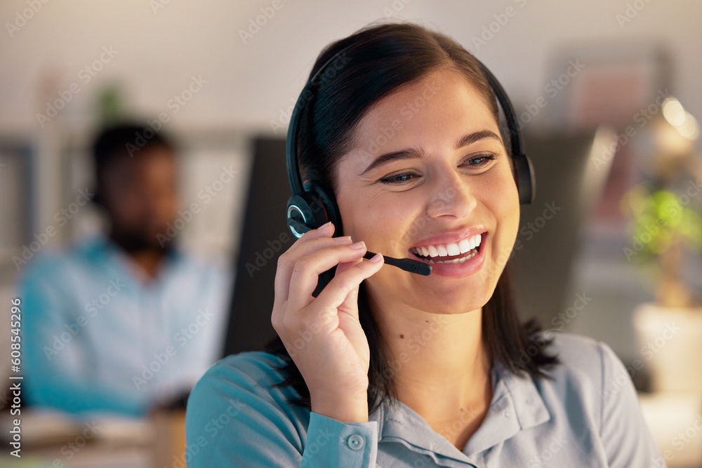 Call center, smile and business woman in office for customer service, telemarketing or support at night. Contact us, crm and female sales agent, consultant or employee working on consulting deadline. Call center, smile and business woman in office for customer service, telemarketing or support at night. Contact us, crm and female sales agent, consultant or employee working on consulting deadline.
