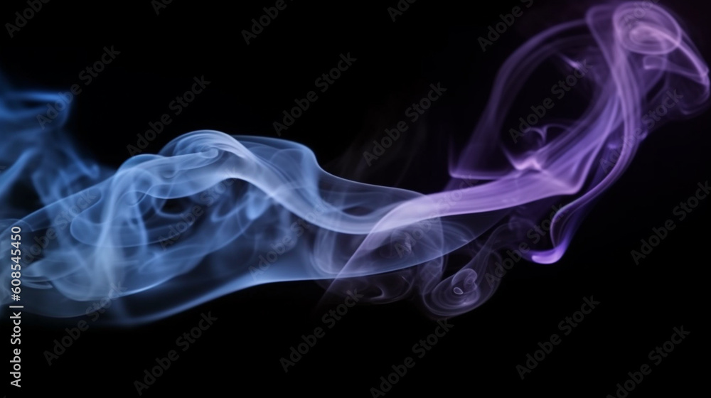 黒い背景にぼやけた色の煙、紫青白い色、暗いコピースペースに粒状効果GenerativeAI