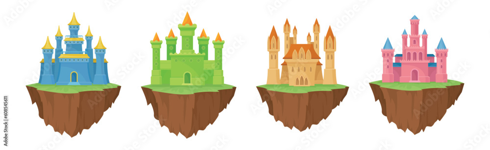 Obraz premium Castle with Towers and Walls on Floating Rocky Island Vector Set