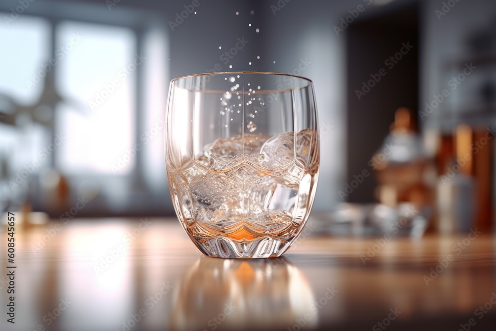 glass with clear drinking water on the table in modern kitchen interior, ai tools generated image