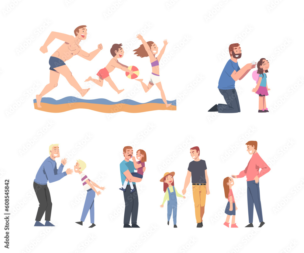 Father and Child Spending Time Together Playing Vector Set