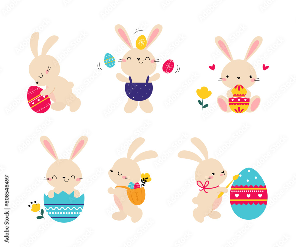 Cute Easter Bunny with Egg Vector Illustration Set Cute Easter Bunny with Egg Vector Illustration Set