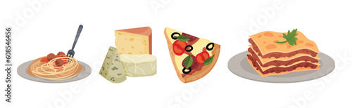 Italy Travel Elements with Pasta, Cheese, Pizza and Lasagna Vector Set