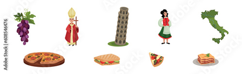 Italy Travel Elements with Pope, Map, Woman in Traditional Dress, Tower of Pisa and Food Vector Set