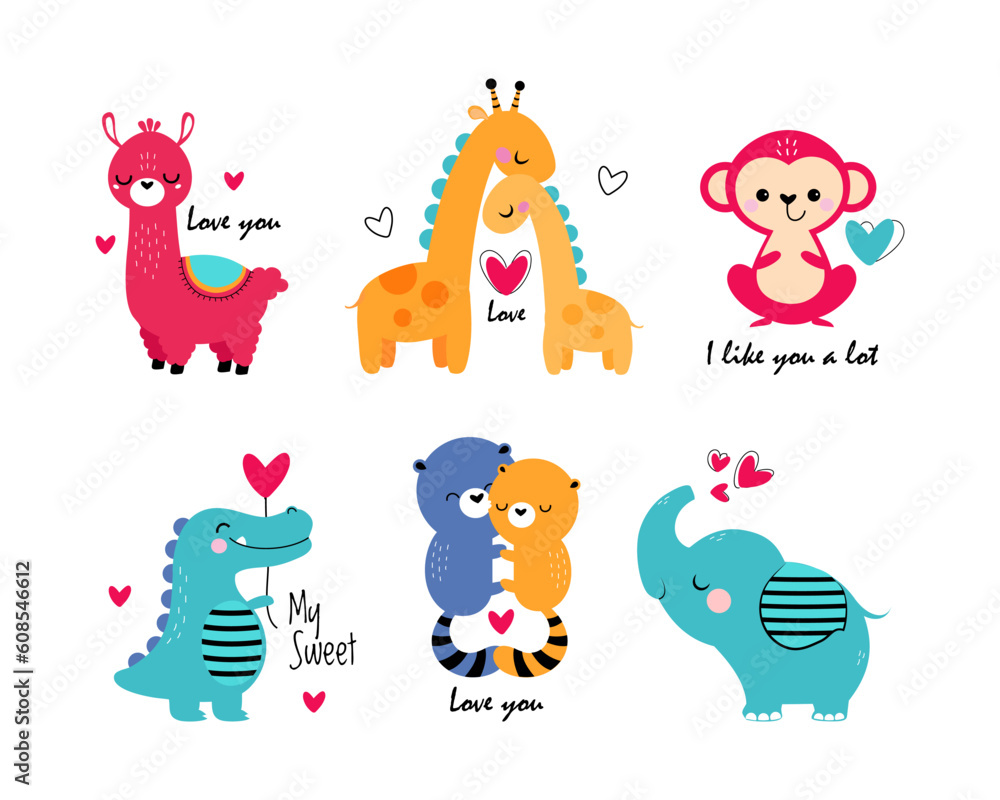 Funny Animal in Love Feel Passion at Valentine Day Vector Illustration Set