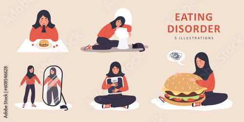 Eating disorder. Sad arabian woman worries about being overweight. Overeating, bulimia, anorexia. Food addiction concept. Rejection of yourself. Set of vector illustrations in flat cartoon style.