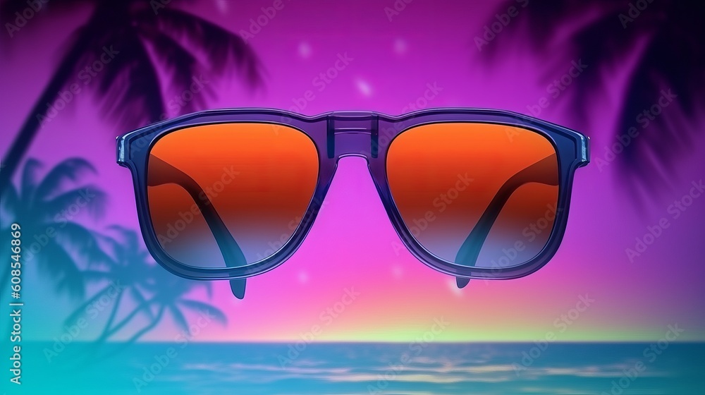 Sunglasses floating over a tropical beach with palm trees. Generative ai