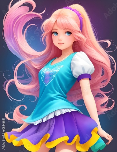 pink hair cute teenage girl princess cartoon illustration. Generative AI