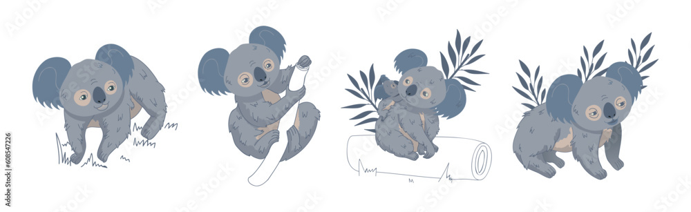 Naklejka premium Adorable Koala in Various Pose with Tree Trunk Vector Set