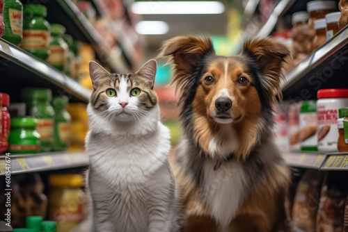 Cat and dog looking at the camera in front of food shop. Dog and cat food. Generative AI