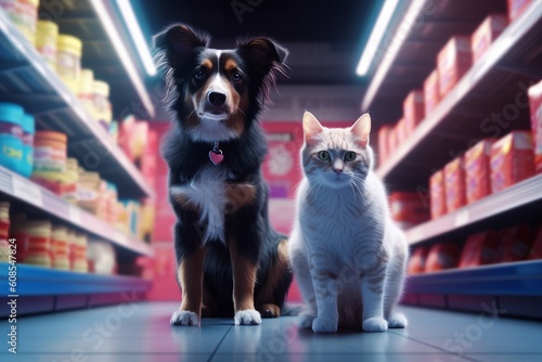 Cat and dog looking at the camera in front of food shop. Dog and cat food. Generative AI © nadunprabodana