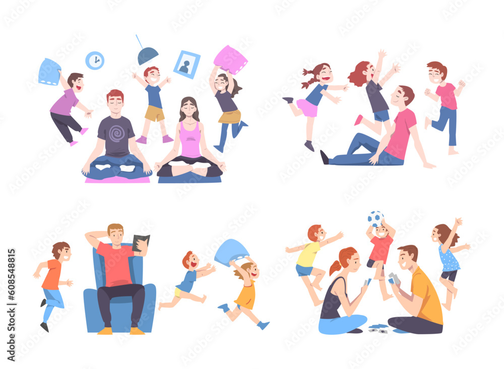 Calm Parents and Mischievous Children Running around Them Vector Set Calm Parents and Mischievous Children Running around Them Vector Set