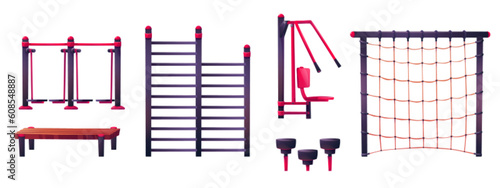 Cartoon set of street workout equipment isolated on white background. Vector illustration of colorful machines for exercising in outdoor gym, fitness training in park, public garden, school campus