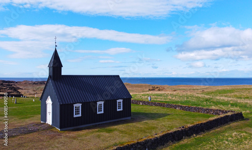 Aerial view of The Black Church of Budir, Iceland. 20 April 2023