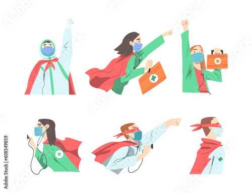 Doctor Hero with Male and Female Medical Staff in Uniform and Superhero Cloak Vector Set
