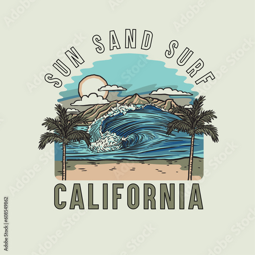 HAND DRAWN SURF OCEAN SHORE BEACH WAVE WATER LANDSCAPE TROPICAL VACATION DESTINATION VINTAGE TEE PRINT FOR APPAREL MERCHANDISE