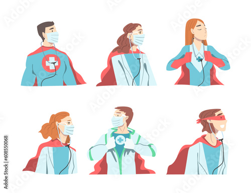 Doctor Hero with Male and Female Medical Staff in Uniform and Superhero Cloak Vector Set