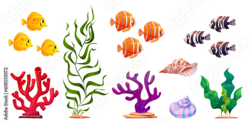 Cartoon set of exotic fish, green seaweed, shells, colorful corals isolated on white background. Vector illustration of sea underwater inhabitants and plants, decorative aquarium design elements