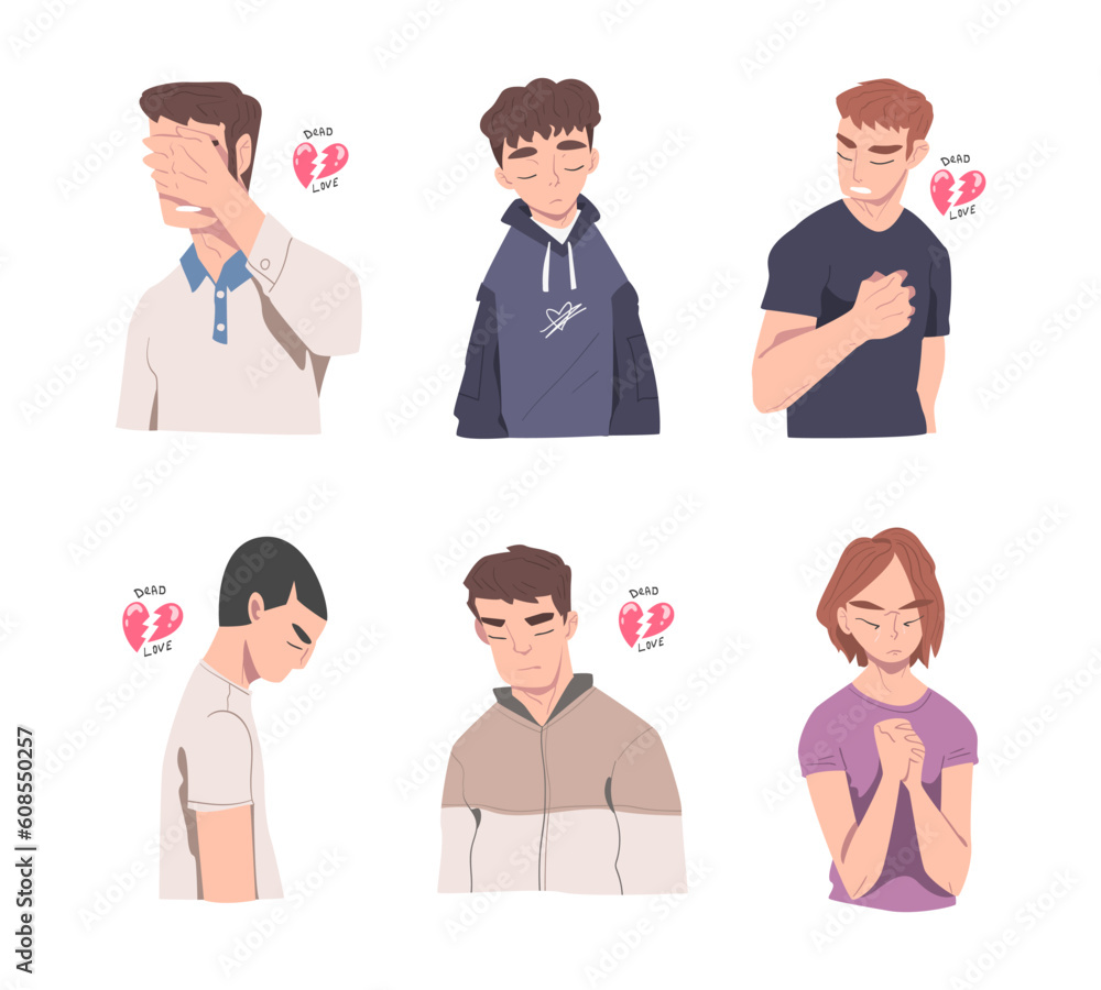 Man and Woman with Broken Hearts Suffering Because of Lost Love Vector Illustration Set Man and Woman with Broken Hearts Suffering Because of Lost Love Vector Illustration Set