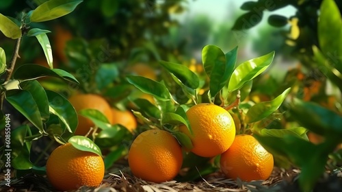 Oranges hanging from a tree. Generative ai