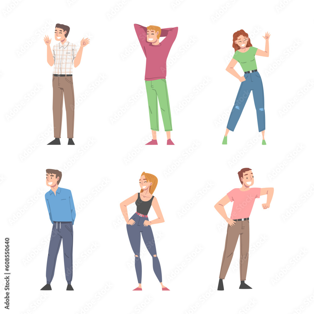 Fototapeta premium Happy Male and Female Character Smiling with Joy and Excitement Vector Set