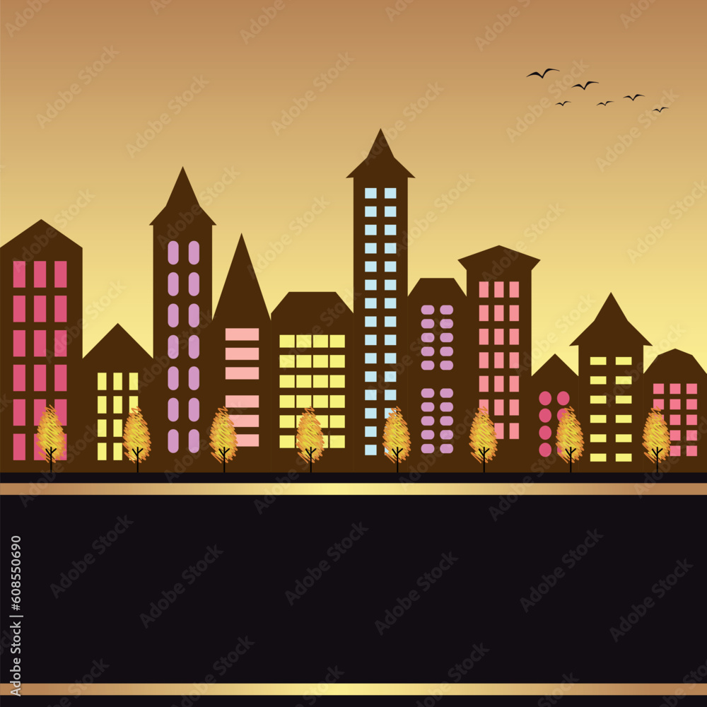 Autumn cityscape illustration with colorful building and autumn tree