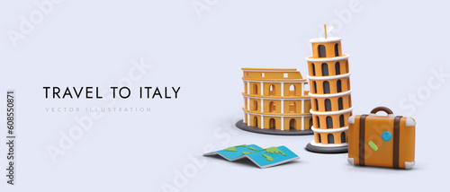 Trip to Italy. Time to visit Rome and see Colosseum, Leaning Tower of Pisa. Vector banner with 3D figures. Advertising poster of travel company. Ticket sales and reservation agency