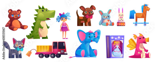 Cartoon set of toy shop goods isolated on white background. Vector illustration of doll, teddy bear, stuffed cat, dog, bunny, elephant, dinosaur, wood horse, truck. Collection of gifts for children