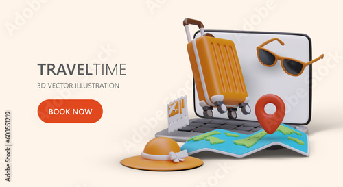 Travel consultant assistance. Tours for weekends, holidays, vacations, honeymoons. Advertising poster for transition to travel agency website. 3D opened laptop and traveler accessories